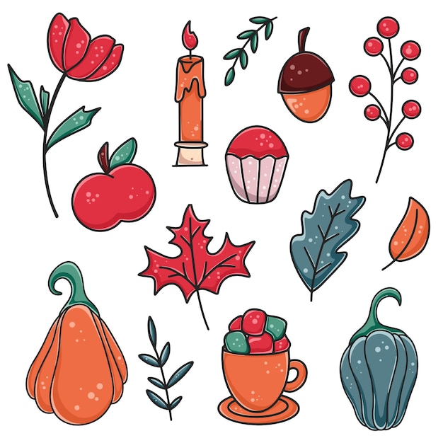 Hand drawn set cute autumn and winter attributes Cartoon elements for creating cozy designs