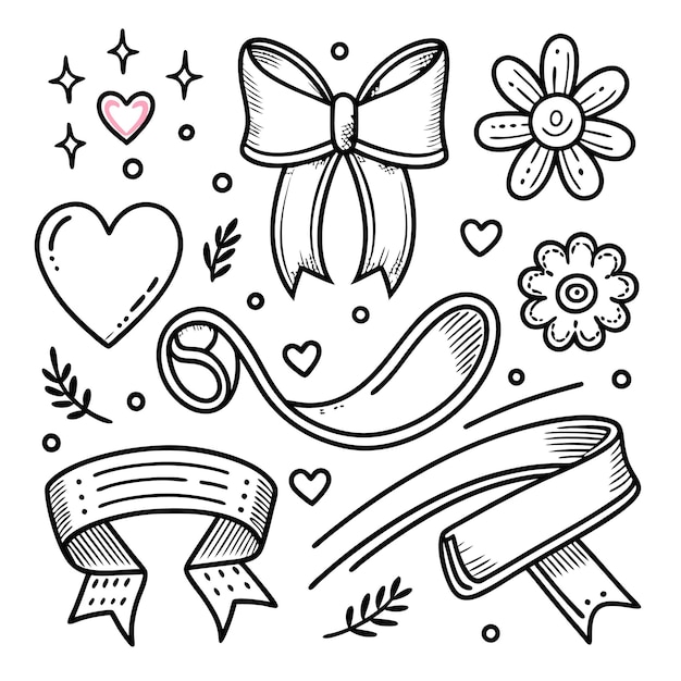 Vector hand drawn set of cute doodle elements for design ribbon flowers hearts