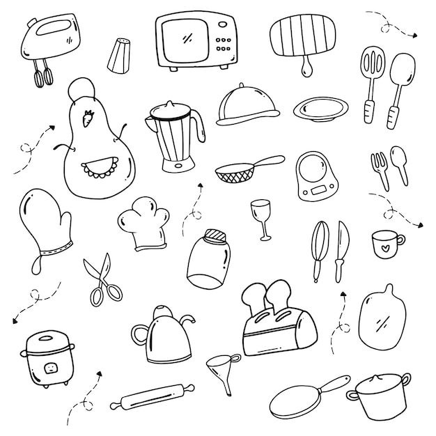 Hand drawn set of cute kitchen utensils with outline style vector illustration