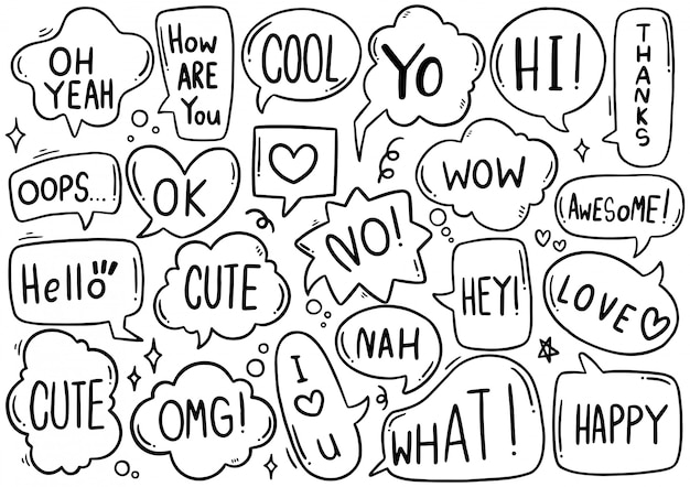 Hand drawn   Set of cute speech bubble with text in doodle style