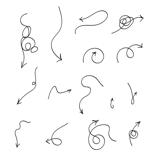 Hand drawn set different arrows Various directions. Doodle style. Vector illustration