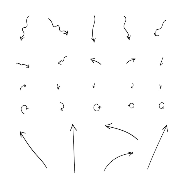 Hand drawn set different arrows Various directions. Doodle style. Vector illustration