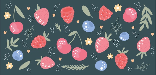 Hand Drawn set of different BerriesIllustration of Strawberries Blueberries Cherries Raspberries