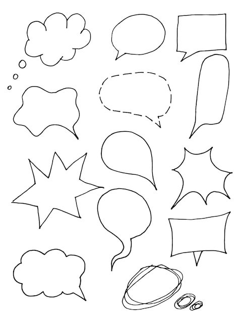 Hand drawn set of different shapes and sizes of speech bubbles round oval square