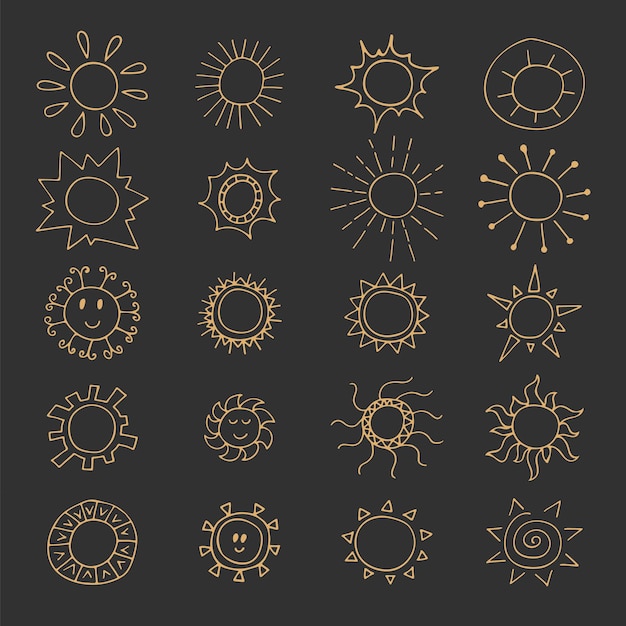 Hand drawn set of different suns and sunbursts