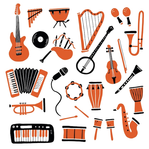 hand drawn set of different types musical instrument, guitar, saxophone. doodle sketch style.