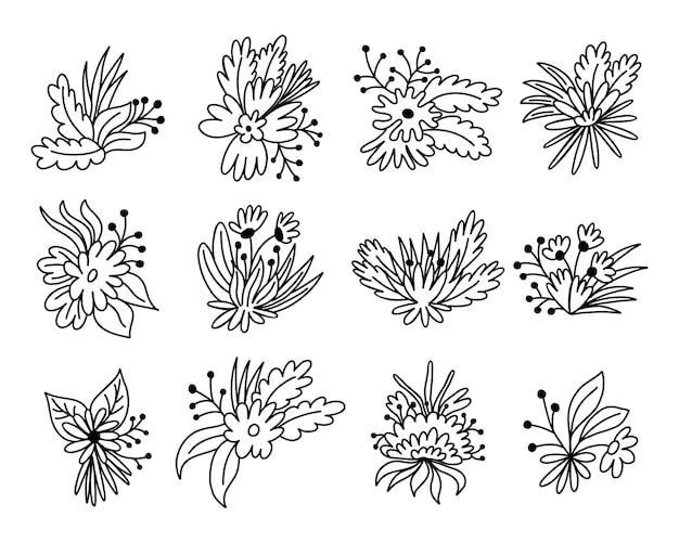 Hand drawn set of doodle flowers