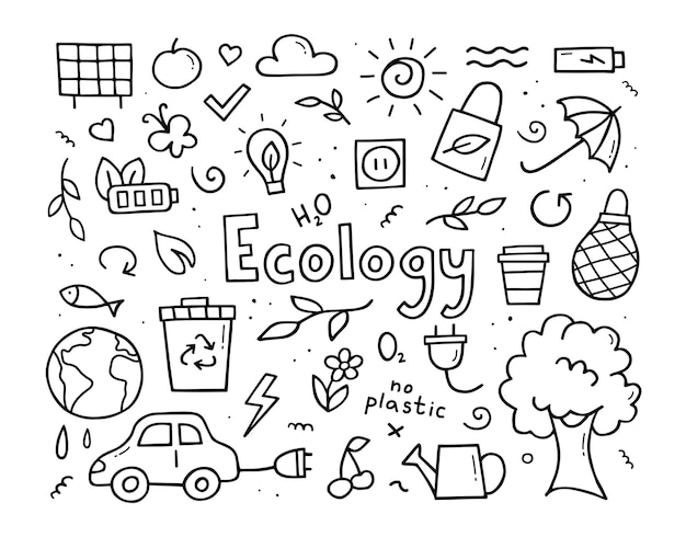 Hand drawn set of ecology. Eco in doodle style.