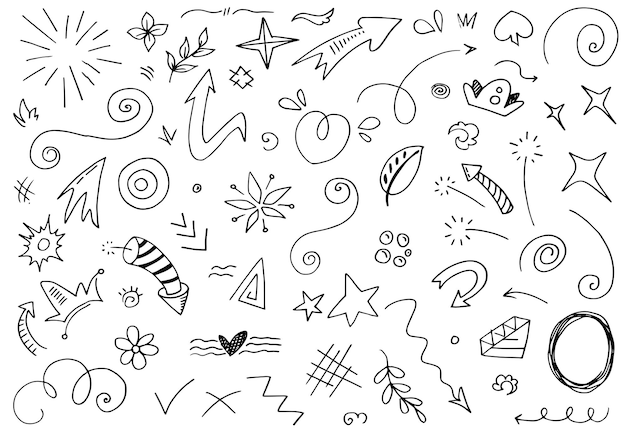 Hand drawn set elements Abstract arrows ribbons hearts stars crowns and other elements in a hand drawn style for concept designs Scribble illustration Vector illustration