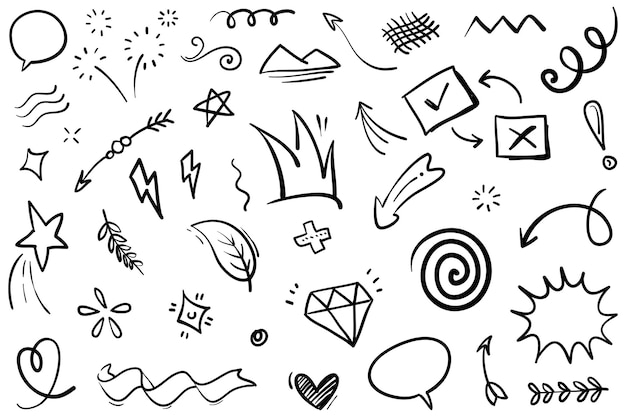 Hand drawn set elements Abstract arrows ribbons hearts stars crowns and other elements in a hand drawn style for concept designs Scribble illustration Vector illustration