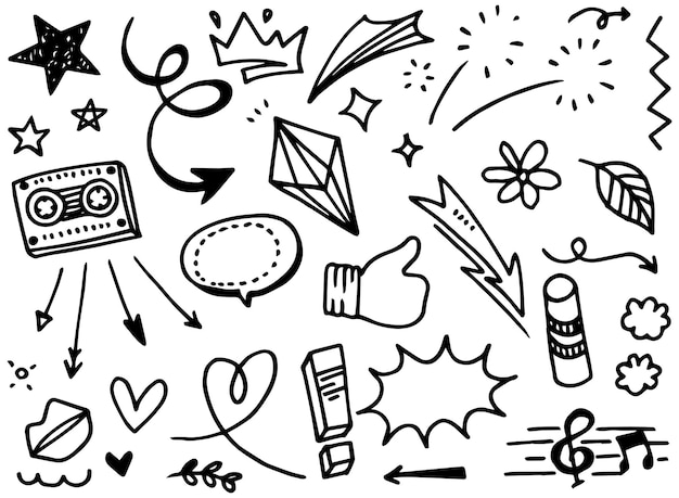 Hand drawn set elements Abstract arrows ribbons hearts stars crowns and other elements in a hand drawn style for concept designs Scribble illustration Vector illustration