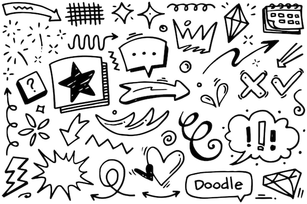 Hand drawn set elements Abstract arrows ribbons hearts stars crowns and other elements in a hand drawn style for concept designs Scribble illustration Vector illustration