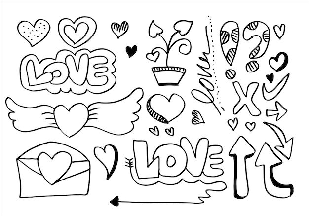 Hand drawn set elements black on white background Arrow heart love exlamation for concept design