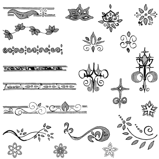 Hand drawn set of elements for design of monograms invitations frames Liner and silver marker