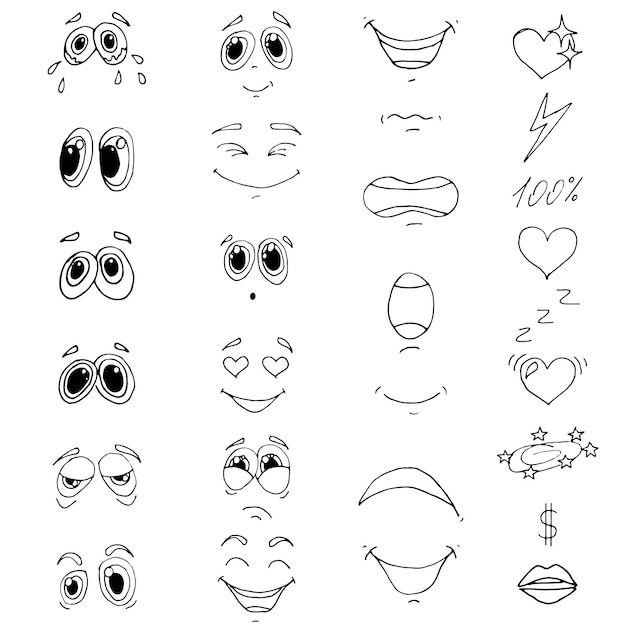 Hand drawn set of emoji Cute faces Liner