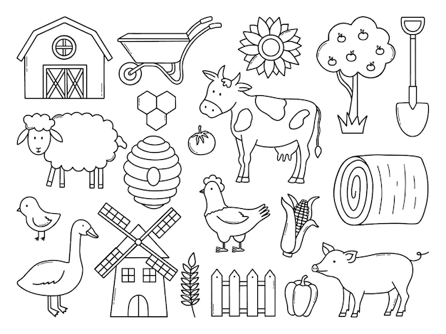 Hand drawn set of farm and agriculture doodle Domesticated birds and Farmer animals in sketch style