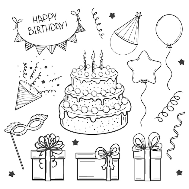 Hand drawn set of festive elements. Happy Birthday. Cake, flags, mask, balloon, gift box. sketch. Vector illustration.