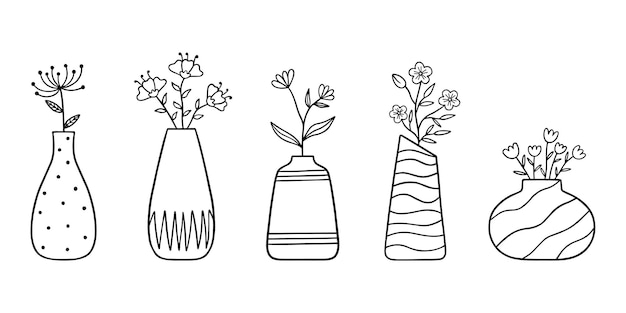 Hand drawn set of flowers and branches in a vase doodle Home plants in sketch style