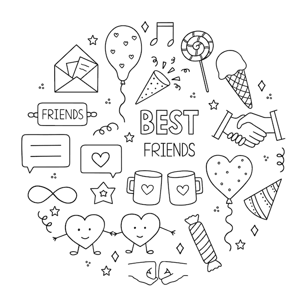 Hand drawn set of friendship doodle Friendship day and party decoration in sketch style