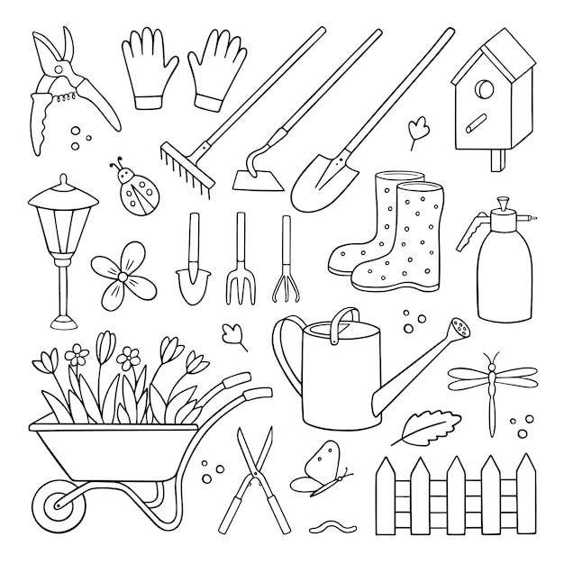 Hand drawn set of gardening doodle Garden tools agriculture equipment in sketch style