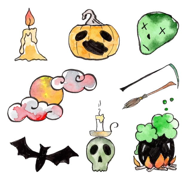 Hand drawn set of Halloween elements. Watercolor and ink