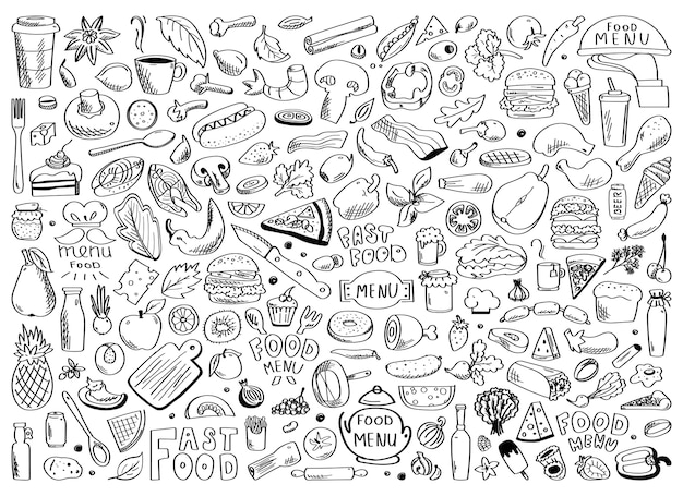 Hand drawn set of healthy food ingredient doodles with lettering