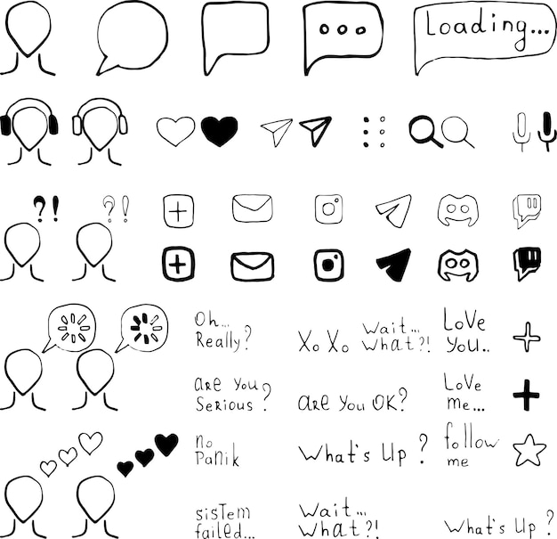 Hand drawn set of icons for internet travel business communication and media Liner