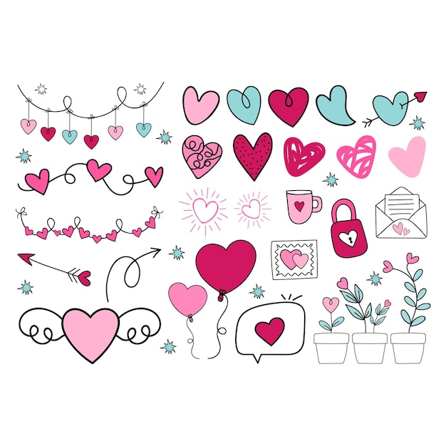 Hand drawn Set of love heart symbol collection, free vector.