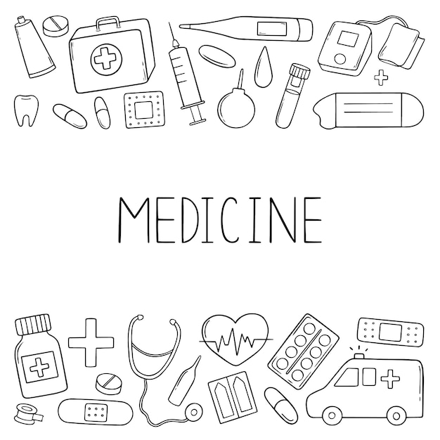 Hand drawn set of medicine doodles Horizontal border from medicine equipment pharmacy in sketch style