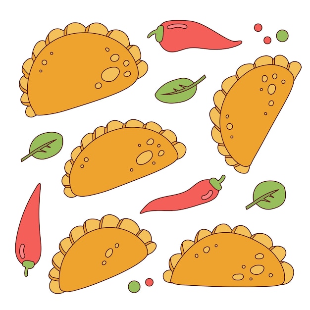 Hand drawn set of mexican national food empanadas with chili papers in the contour sketch style vect