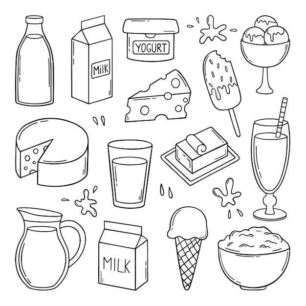 Hand drawn set of Milk and Dairy Products doodle Farm food in sketch style