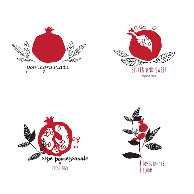 Hand drawn set of pomegranate logo templates