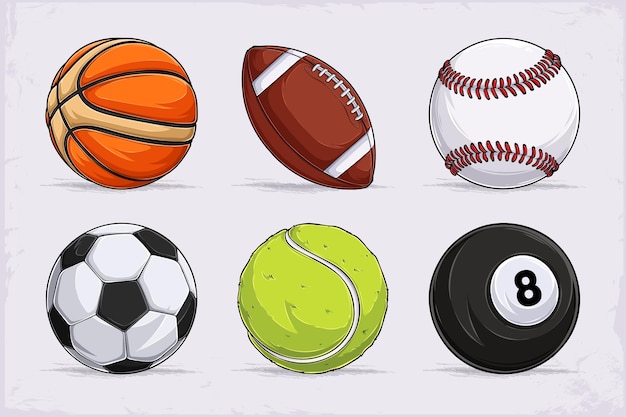 Hand drawn set of popular sports balls basketball football baseball tennis soccer and billiards