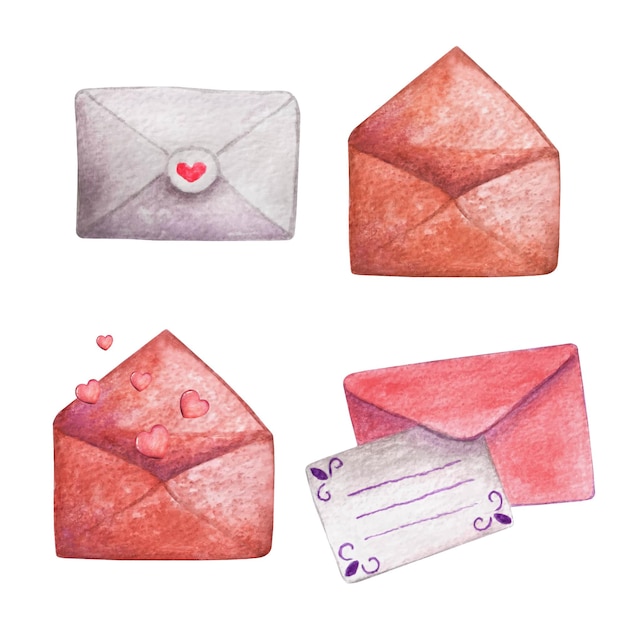 Hand drawn set of postal envelopes isolated on white background. Decorative colorful watercolor illustration.