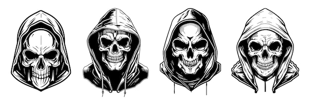 Hand drawn set of skulls in hood