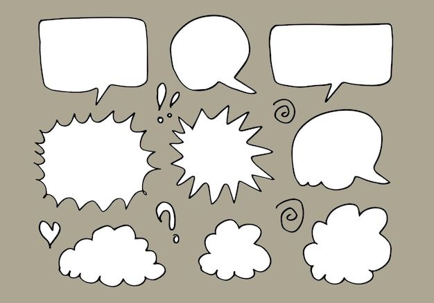 Hand drawn set of speech bubbles isolated on gray background