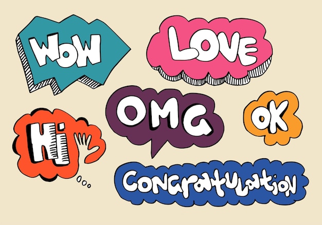 Hand drawn set of speech bubbles with handwritten short phrases wow love hi omg ok.