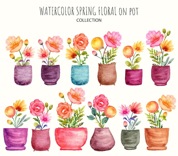 Hand drawn set of spring floral on pot