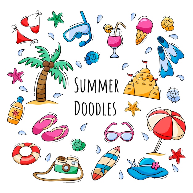 Hand drawn set of summer icons in doodle style