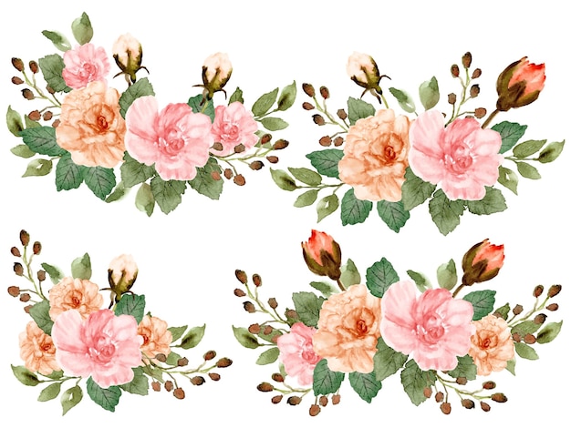 hand drawn set of summer pastel pink floral arrangement