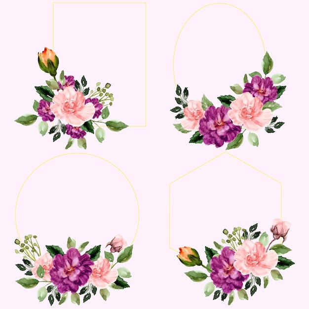 hand drawn set of summer purple and pink floral frame