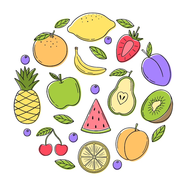 Hand drawn set of summer tropical fruits doodle Vegetarian food in sketch style