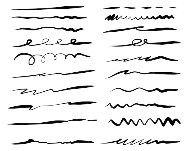 Hand drawn set of underline curly swishes swashes swoops swirl signature Highlight text elements doodle vector illustration