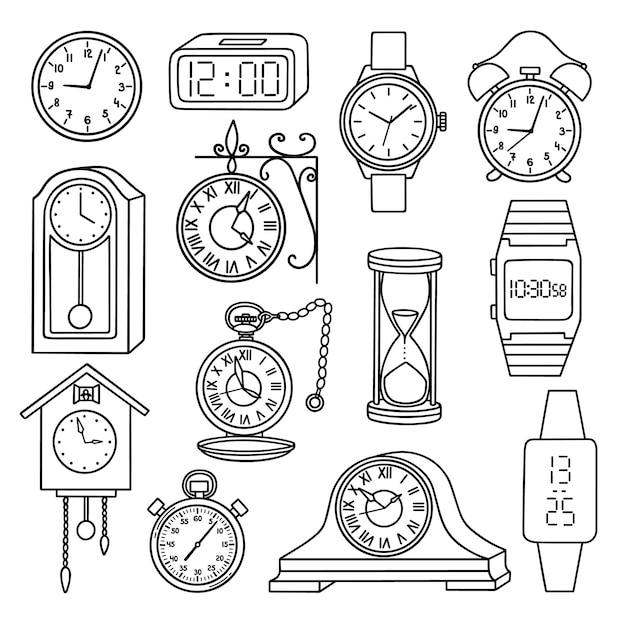 Hand drawn set of watches doodle Old street clock wristwatch alarm clock stopwatch in sketch style