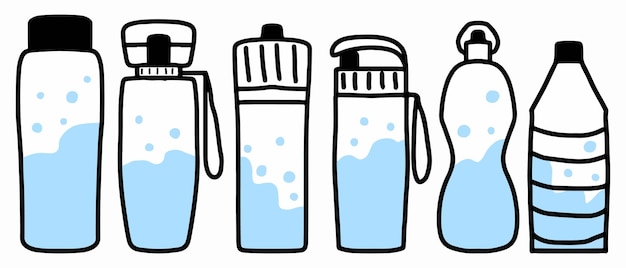 Hand-drawn set of water bottles. A set of bottles made of reusable plastic or glass. Vector illustration