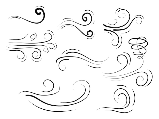 Hand drawn set wind doodle blow gust design isolated on white background illustration vector handrawn style