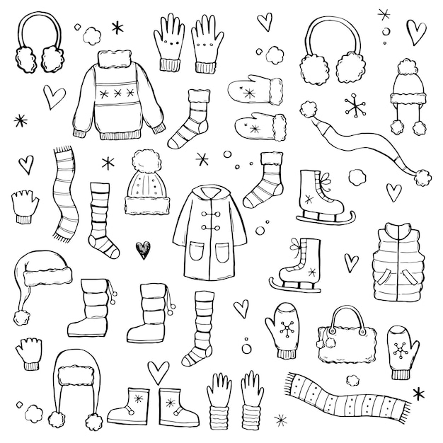 Hand drawn set of winter clothes and accessory: hat, scarf, coat, mitten, shoes, sweater. Sketch style doodle for children, christmas design. Isolated vector illustration.