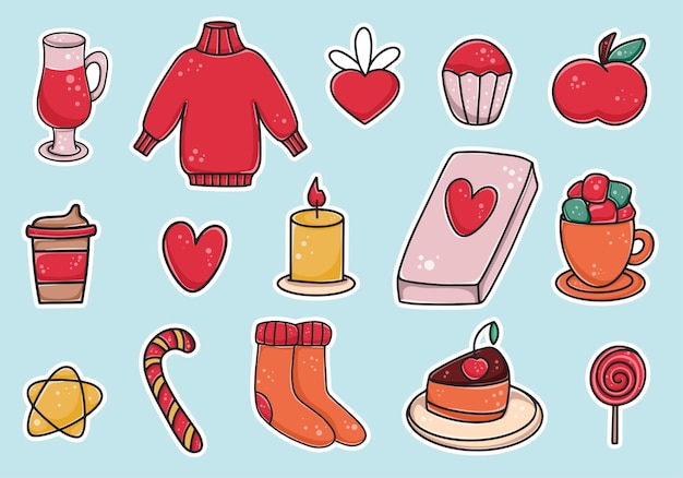 Hand drawn set of winter cozy stickers Collection with food and items for winter recreation