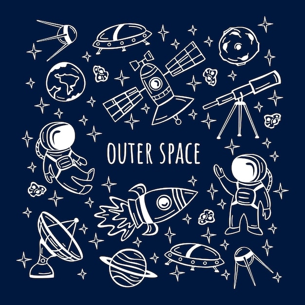 Hand drawn set with astronaut, satellite, rocket and planets in doodle style.