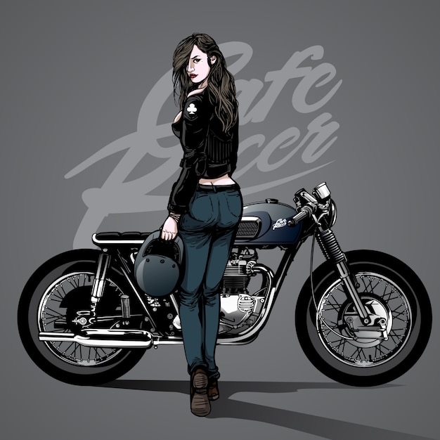 Hand drawn sexy girl with motorcycle background